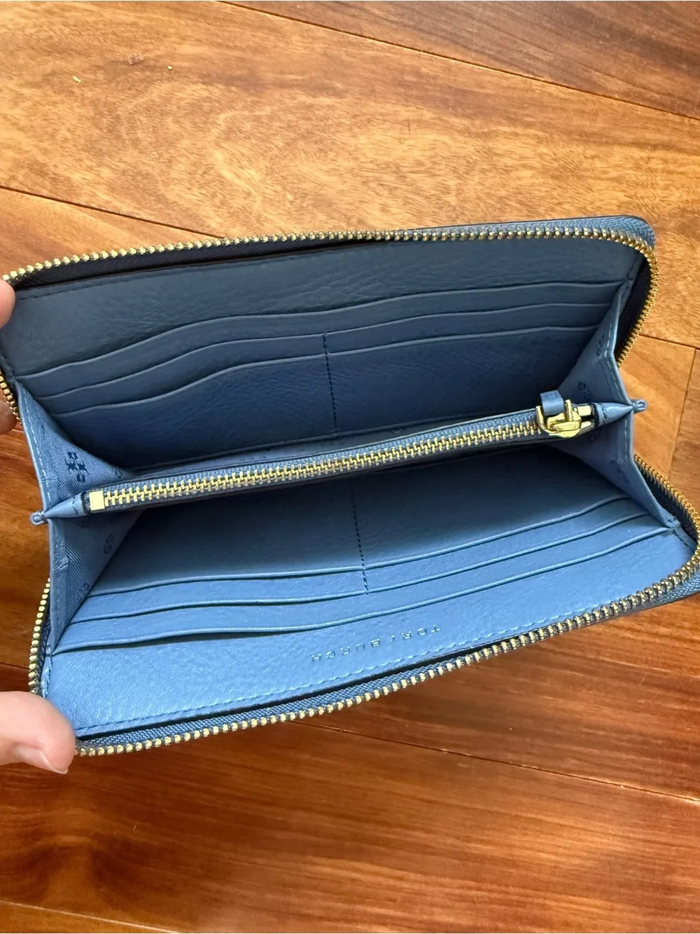 Tory Burch Pebbled Leather Zip Wallet with Gold Logo